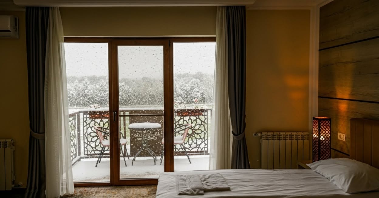 Terasa Allegria Resort acoperită de zăpadă, văzută dintr-o cameră caldă